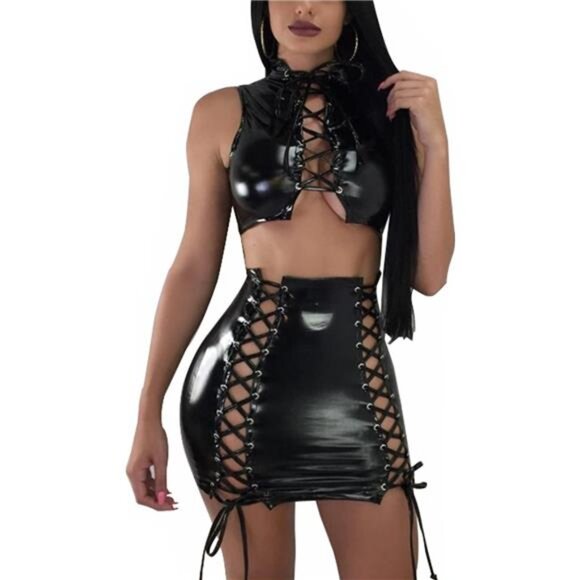 Women's Faux Leather Bandage Dress 2 Piece Lace Up Crop Top Bodycon Mini Skirt